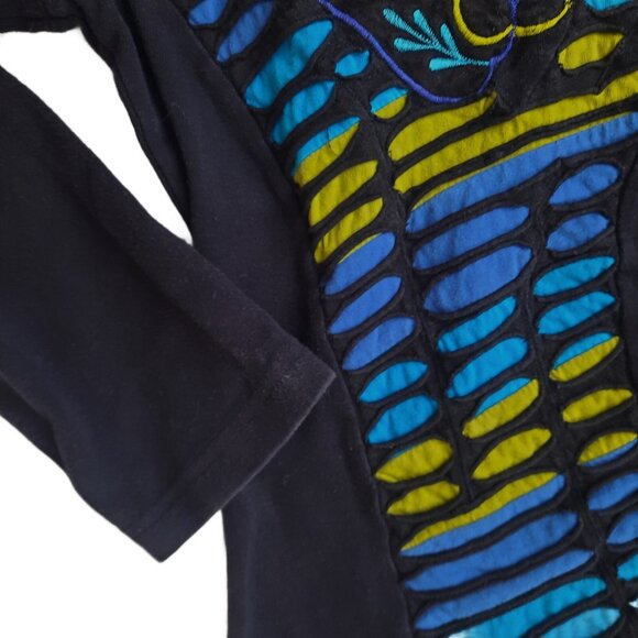Boho Goth Fairy Top Size M Black Multicolor Embroidered Long Sleeve Hip Length - Picture 4 of 7